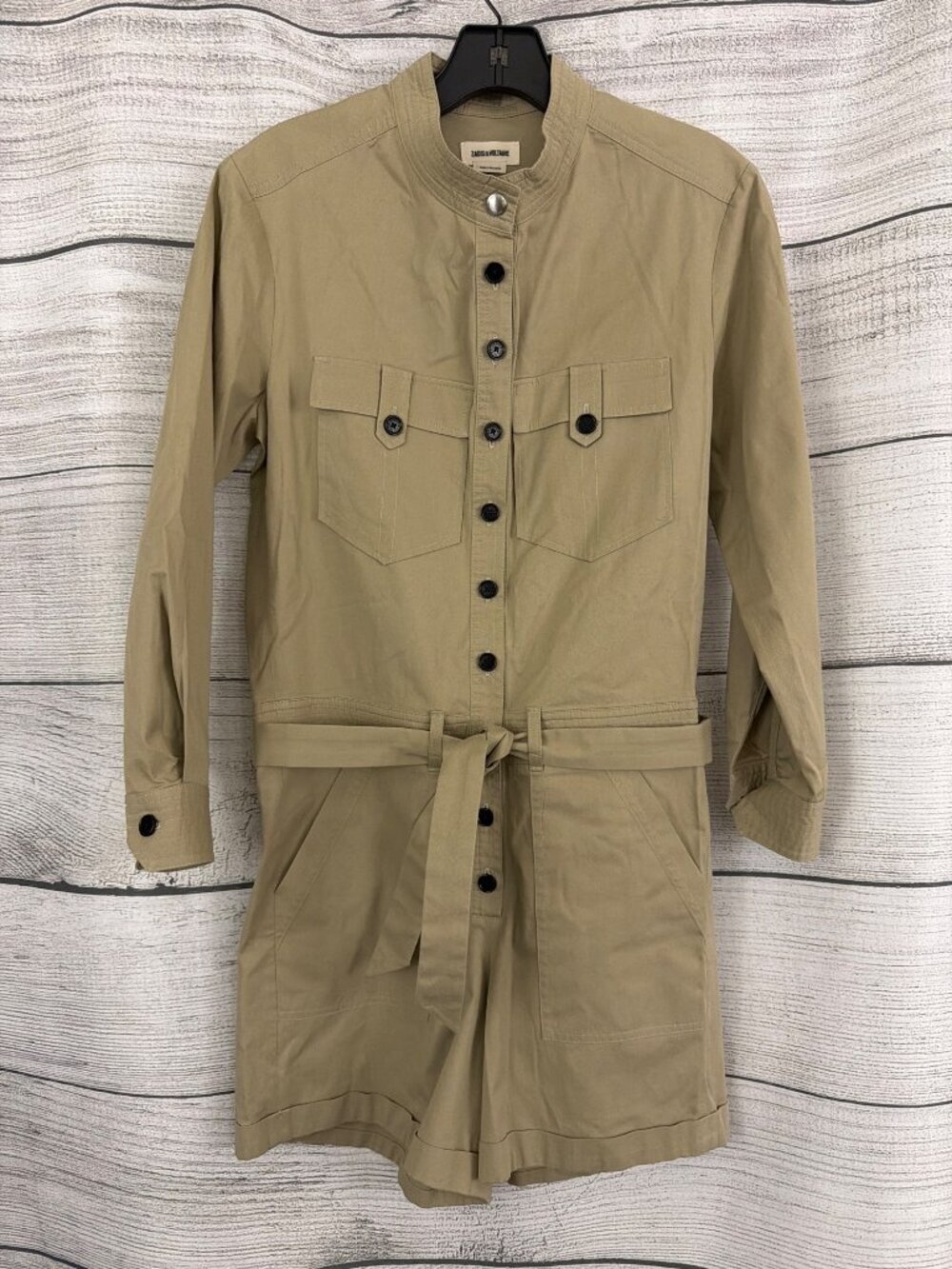 Zadig & Voltaire Beige Cooki Twill Short-Sleeve Belted Romper Size XS